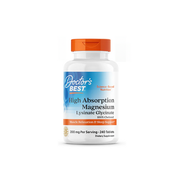 Doctor's Best High Absorption Magnesium 200 mg, 240 tablets—white bottle with orange cap and blue label text. Premium magnesium supplement made with glycine-lysine chelate for optimal absorption.